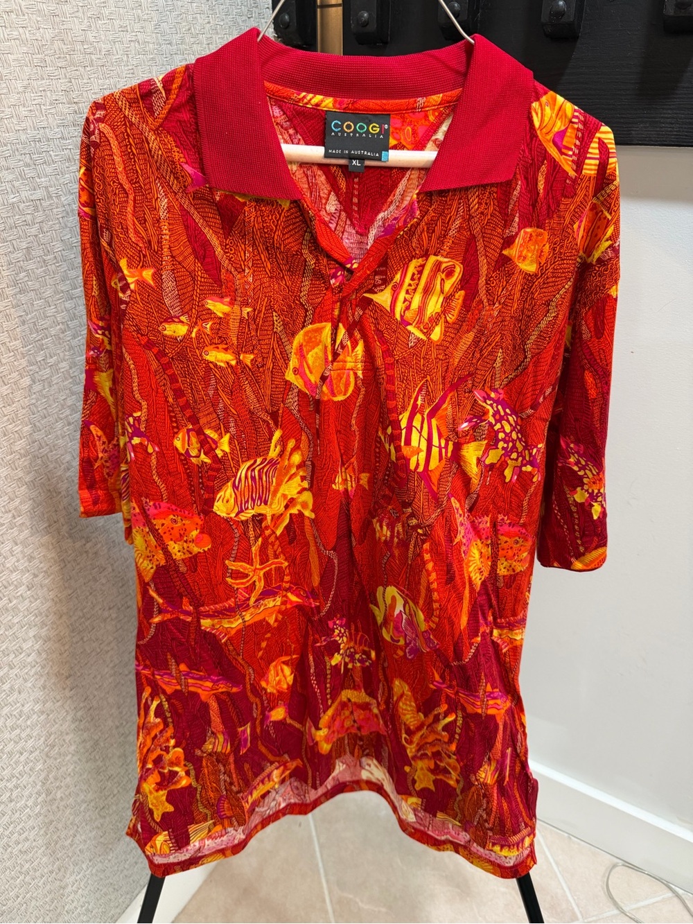COOGI Red Polo with Orange and Yellow Tropical Print